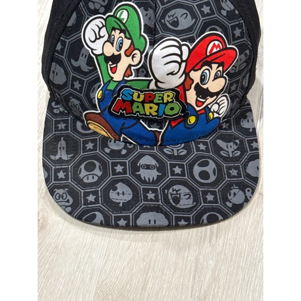 Nintendo Super Mario Luigi Snapback Hat Black Gray Power-Up Print Flat Brim Cap - Picture 4 of 6
